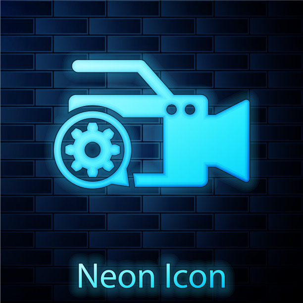 发光的霓虹灯摄像机和齿轮图标隔离图片下载