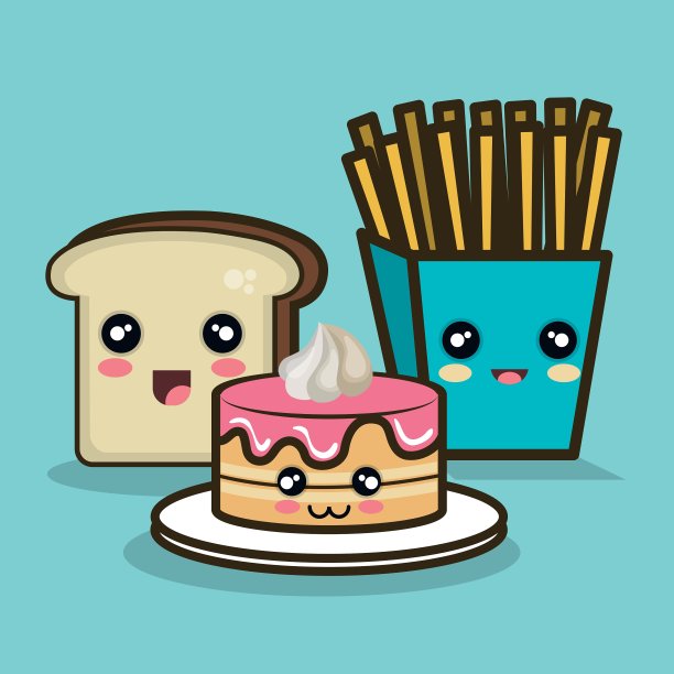 快餐卡通蛋糕、面包和薯条设计图片下载