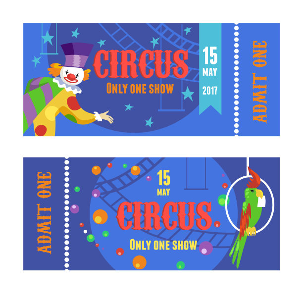 有小丑和鹦鹉布景的马戏团门票图片下载