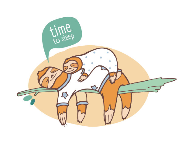 一对在树枝上睡觉的树獭妈妈和树獭宝宝图片下载