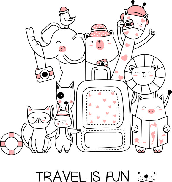 可爱的小动物与旅行卡通手绘图片下载
