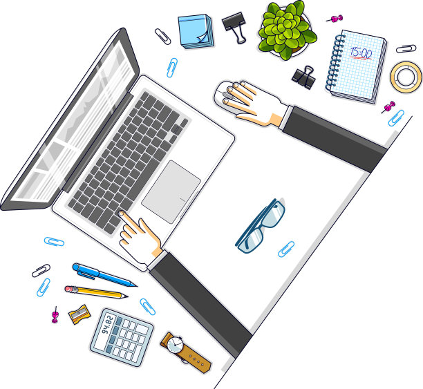 办公室办公桌工作空间俯视图与手图片下载