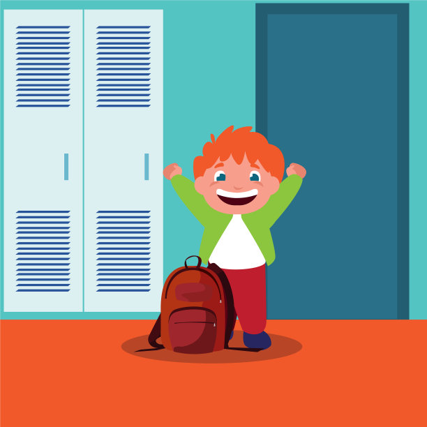 小男生拿着书包在学校走廊里图片下载