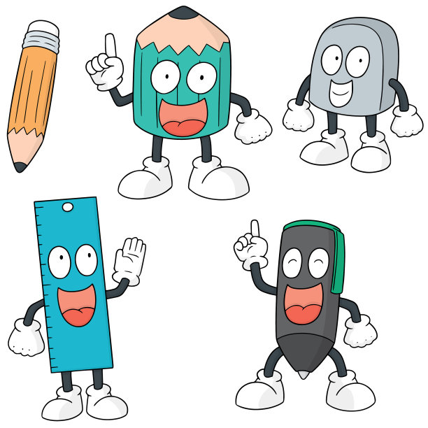 一套钢笔、铅笔、尺子和橡皮图片下载