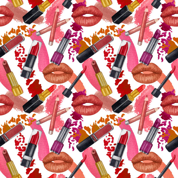 水彩构成无缝图案。手绘无缝化妆品图案与口红，眼影，粉末，化妆品纹理，刷子，睫毛膏。图片下载