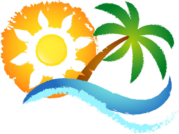 太阳，蓝色的波浪和棕榈树图片下载