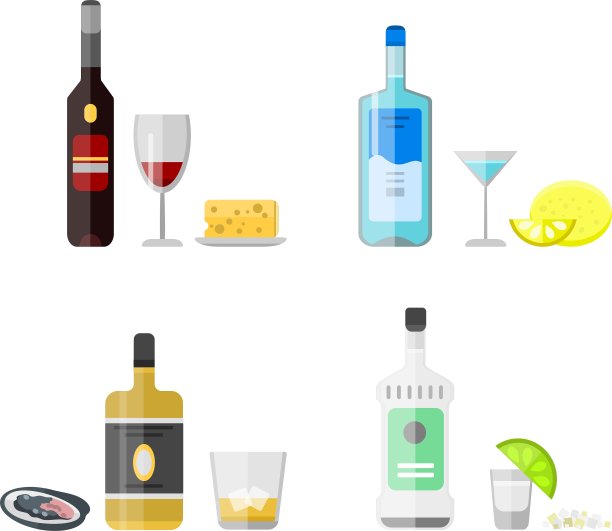 一套不同的酒精饮料瓶子图片下载