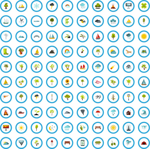 100个plein air ICONS set flat style图片下载
