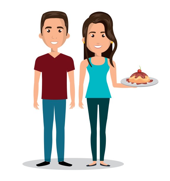 夫妇卡通与美味的蛋糕设计图片下载