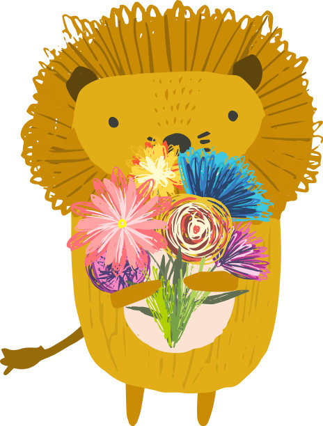 可爱幼稚手绘橙狮与花束图片下载