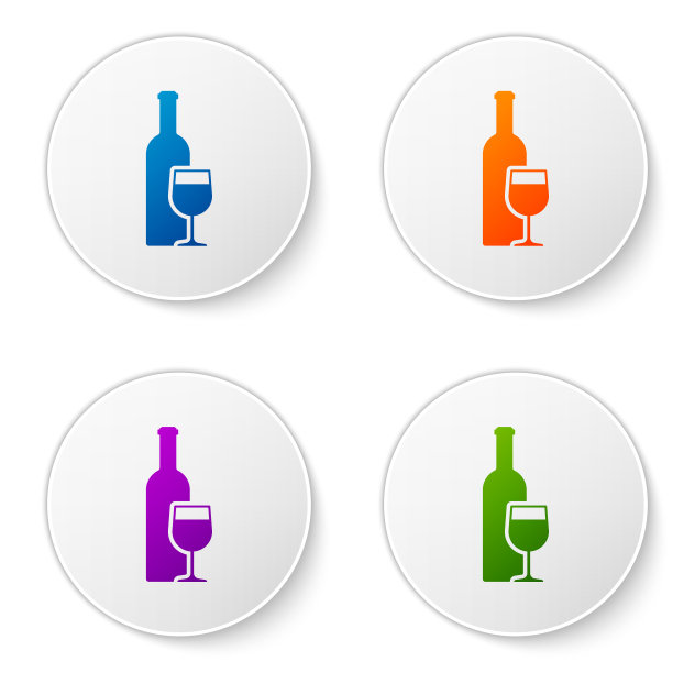 彩色葡萄酒瓶与葡萄酒杯图标隔离图片下载