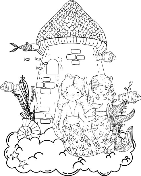 一对美人鱼和海底城堡的场景图片下载