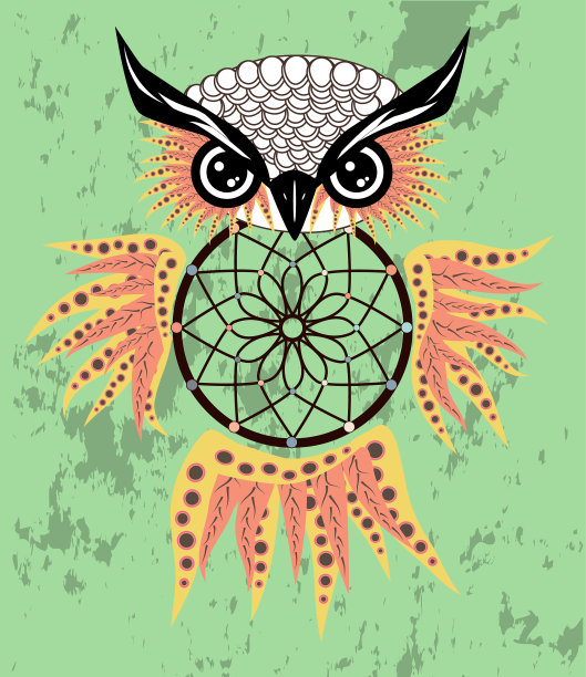 手绘捕梦网，上面有猫头鹰的羽毛图片下载