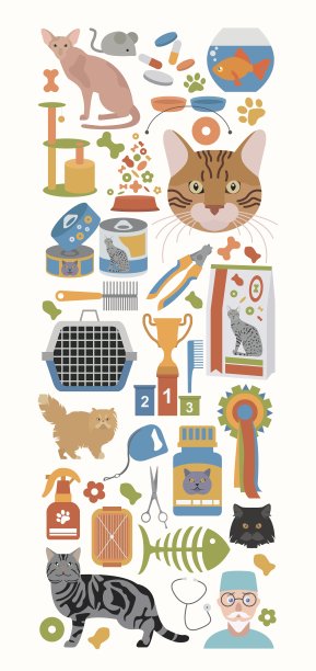 猫咪角色与兽医护理图标扁平风格图片下载