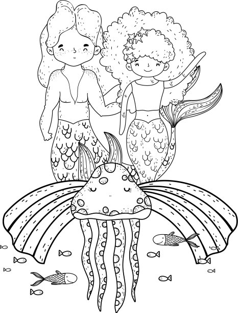 一对在海底有彩虹的美人鱼图片下载