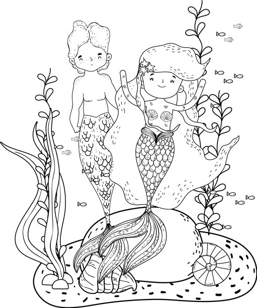 一对美人鱼在海底的场景图片下载
