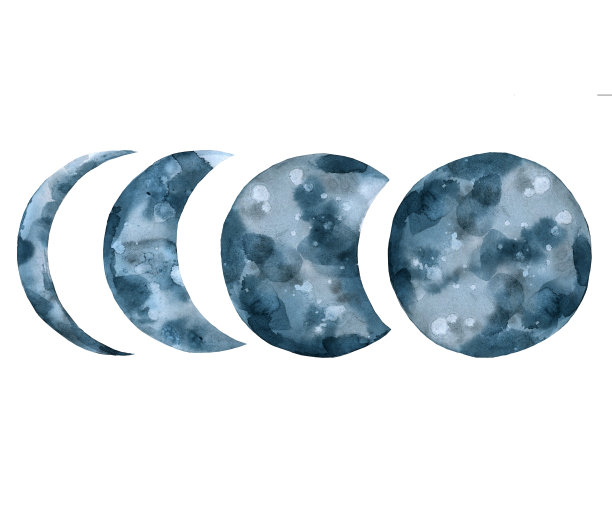 蓝色月相，靛蓝水彩画手绘图片下载