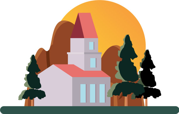 房子，树，山，太阳，天空的景象图片下载