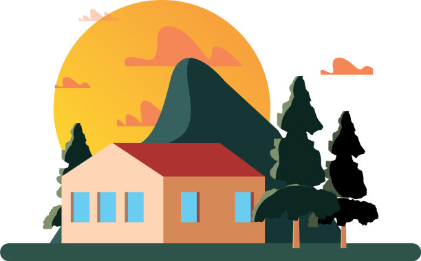 房子，树，山，太阳，天空的景象图片下载