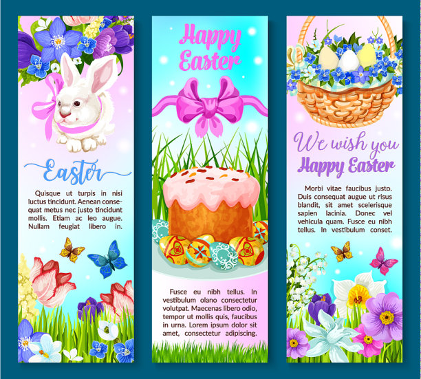 复活节逾越节蛋糕，鸡蛋，鲜花横幅图片下载