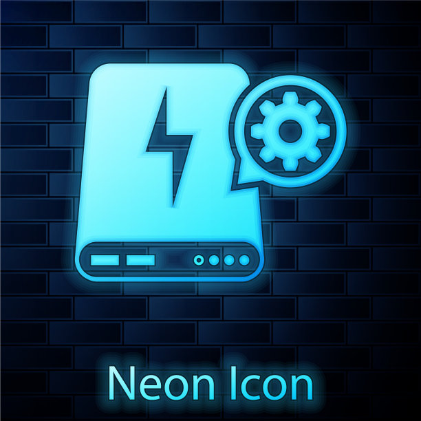 发光的霓虹灯电源银行和齿轮图标隔离图片下载