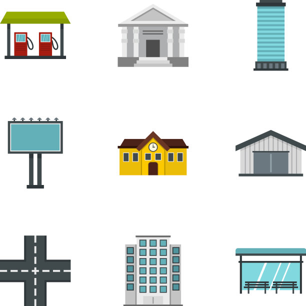 城市基础设施图标设置扁平风格图片下载