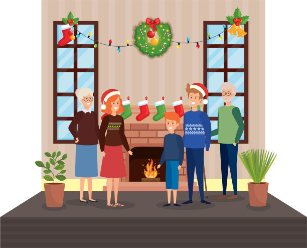 家庭在客厅与圣诞装饰图片下载