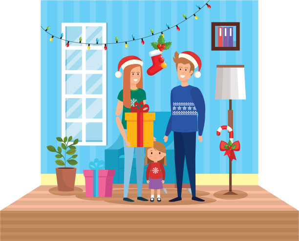 父母带着女儿在客厅过圣诞节图片下载