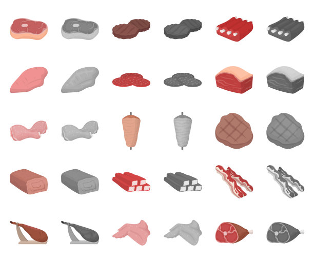 不同的肉类卡通单色图标设置图片下载