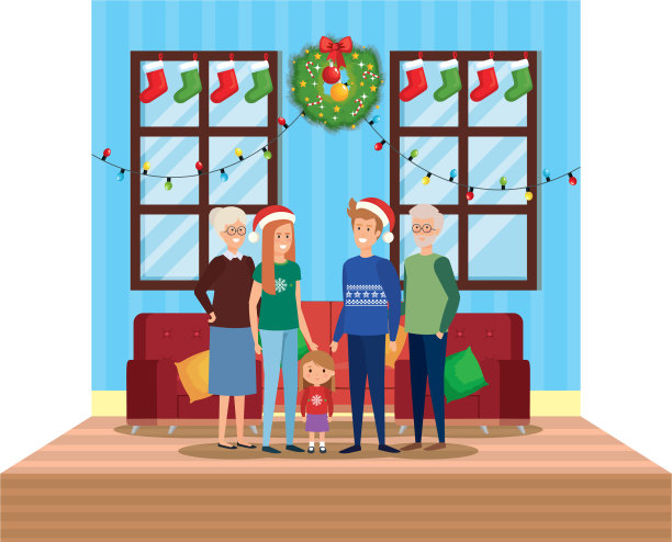 家庭在客厅与圣诞装饰图片下载
