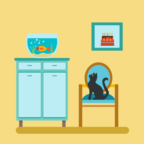 鱼缸在架子上，猫在凳子上图片下载