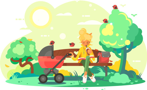 妈妈推着婴儿车在公园里图片下载