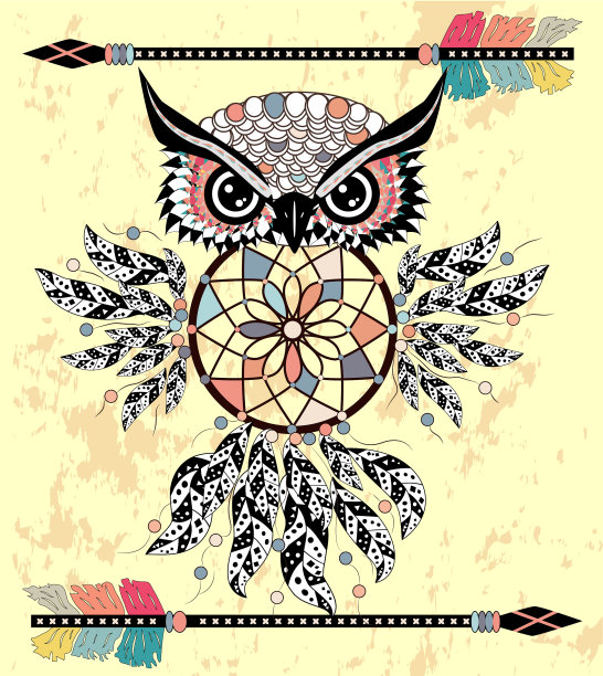 可爱的卡通部落猫头鹰羽毛上的白色图片下载