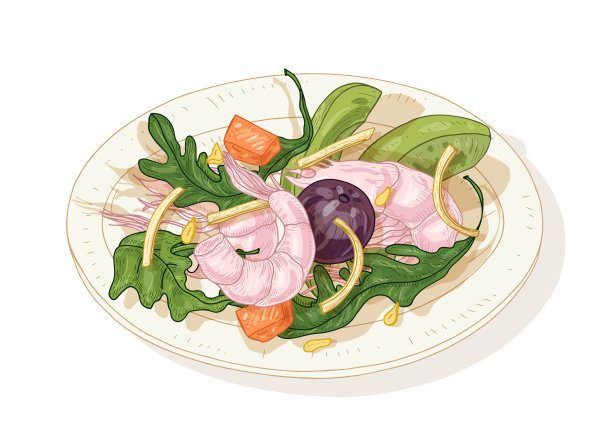 美味的沙拉搭配海鲜和蔬菜图片下载