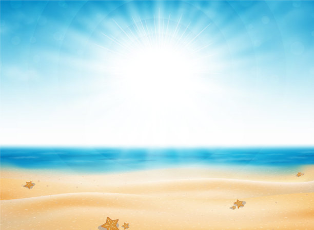 夏日的海滩上，阳光灿烂，天空湛蓝图片下载