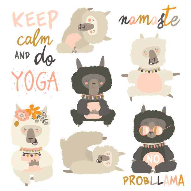 一组可爱的羊驼在瑜伽体式的羊驼图片下载