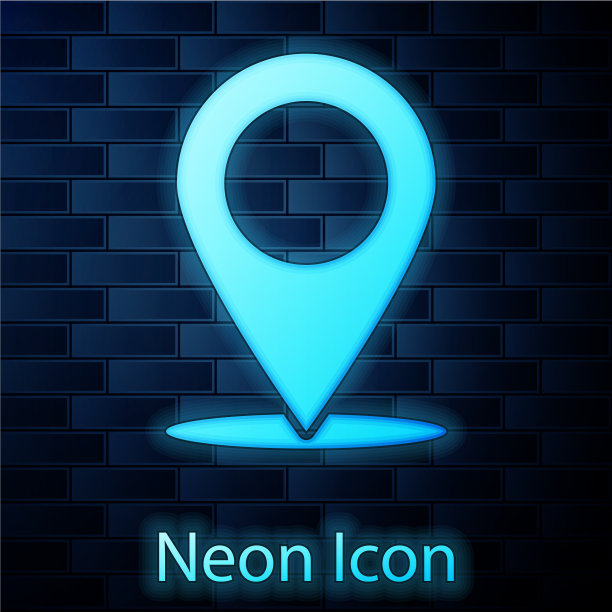 发光的霓虹灯地图钉图标孤立在砖墙上图片下载