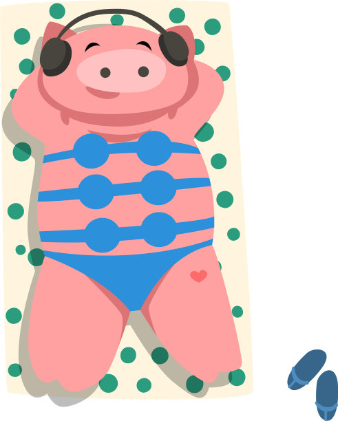 戴着耳机和比基尼的猪在晒太阳图片下载