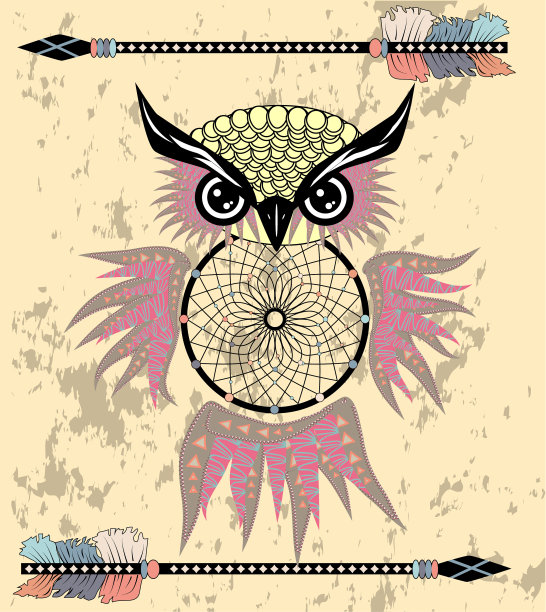 印度装饰捕梦网猫头鹰在图形图片下载