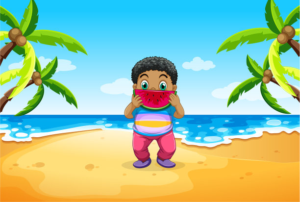 胖男孩在吃西瓜图片下载