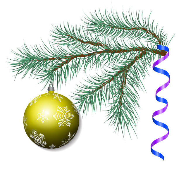 挂着圣诞球的云杉树枝图片下载