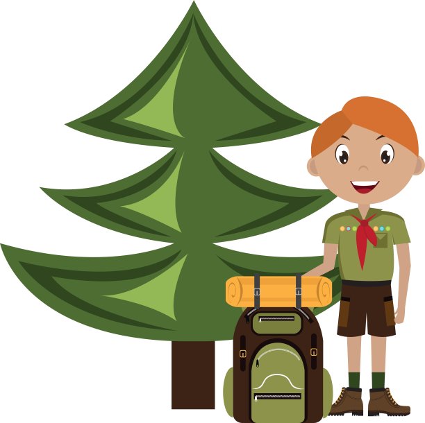 带有旅行袋图标的小童子军角色图片下载