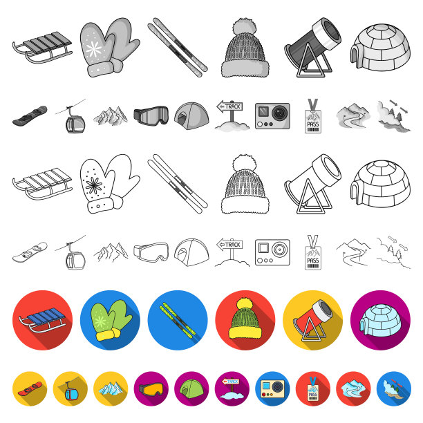 滑雪场和设备的图标设置图片下载