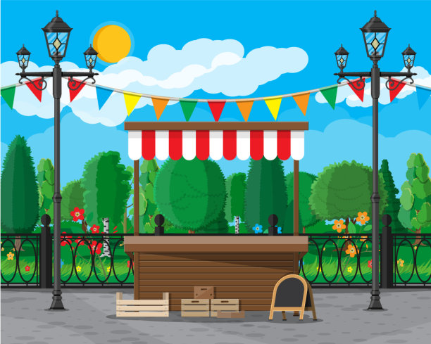 有旗帜、板条箱、黑板的市场小吃摊图片下载