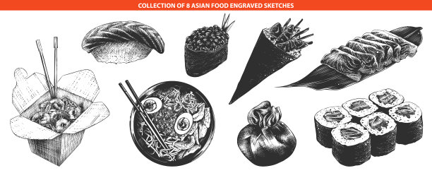 雕刻风格的亚洲美食收集海报图片下载