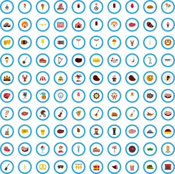 100生日派对图标设置扁平风格图片下载