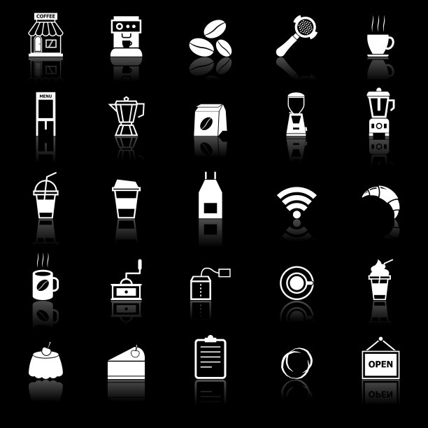 咖啡店图标与反映在黑色的背景图片下载