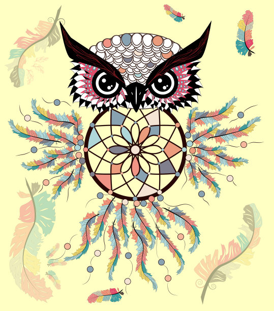 艺术猫头鹰与捕梦网图形艺术图片下载