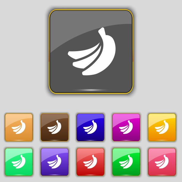 香蕉图标标志设置与11个颜色的按钮图片下载