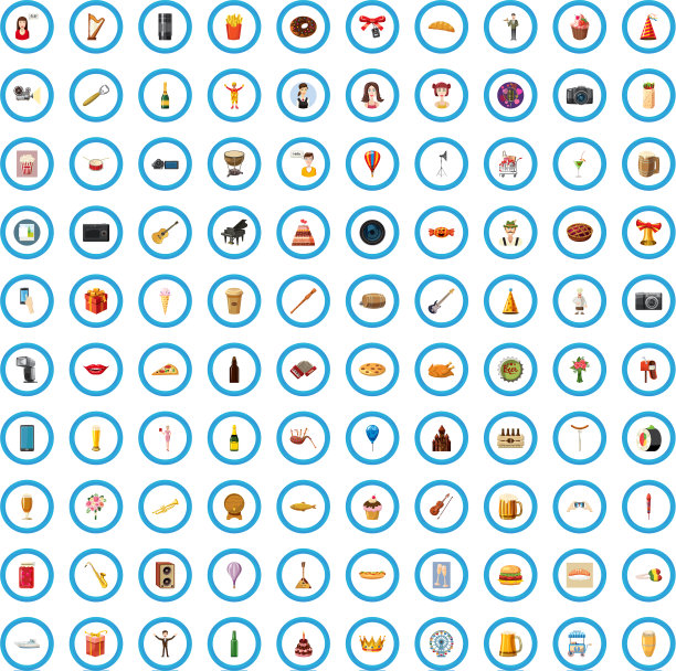 100个宴会图标设置卡通风格图片下载